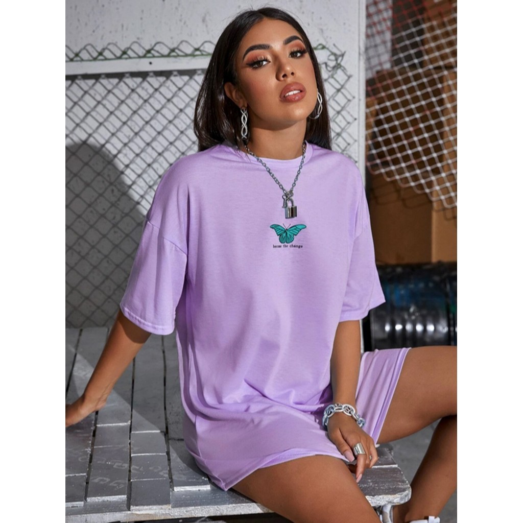 Camiseta Oversized Lilás Become The Change Estampado Aesthetic Blusa Feminina Gola Redonda Tecido
