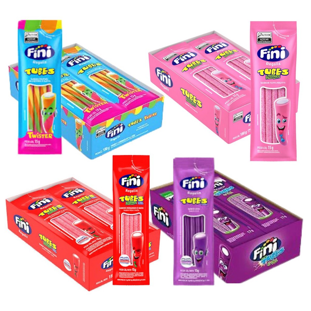 Kit 48 Pacotinhos Fini 15g Tubes Azedinho Morango Uva Tutti Frutti Twister