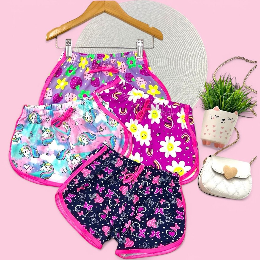 KIT com 3 short menina verão infantil ESTAMPA E CORES SORTIDAS