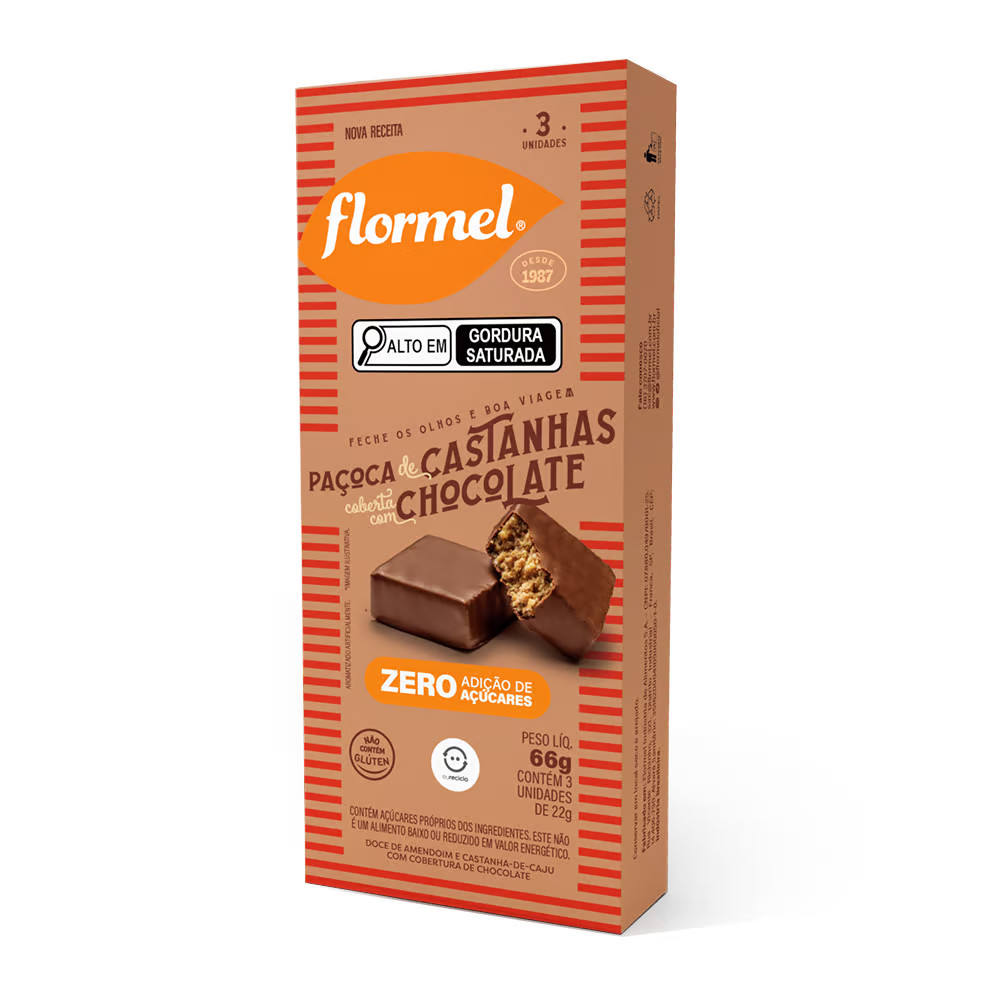 Paçoca de Castanhas com Cobertura de Chocolate Zero - 3 Unidades - Flormel em Oferta na Shopee