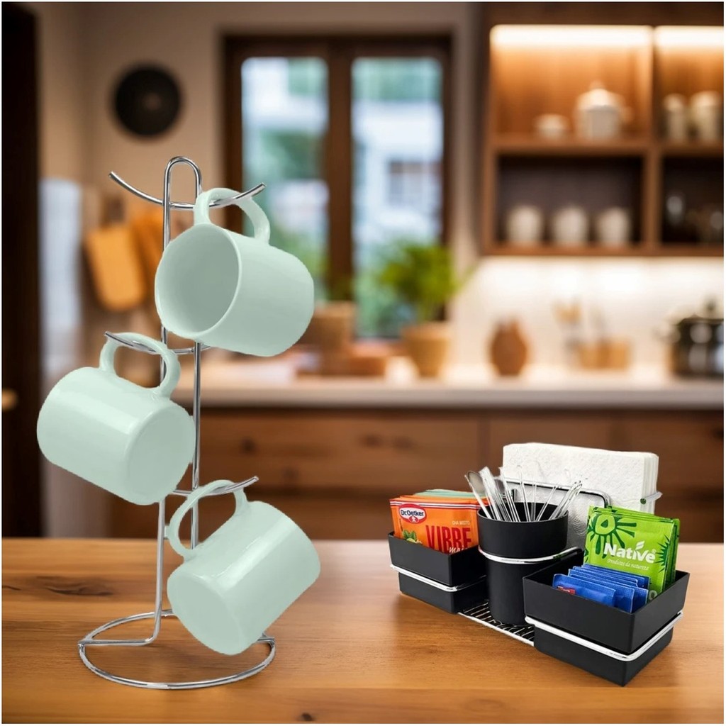 Kit Porta Sachê Suporte Organizador Porta Xícaras Café Bancada Cozinha Cromado - Future