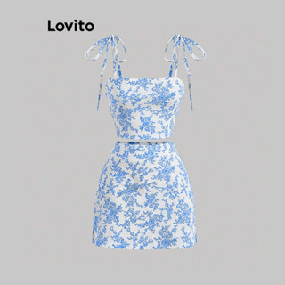 Lovito Lindos conjuntos de saias florais de porcelana azul e branca para mulheres L79AD054