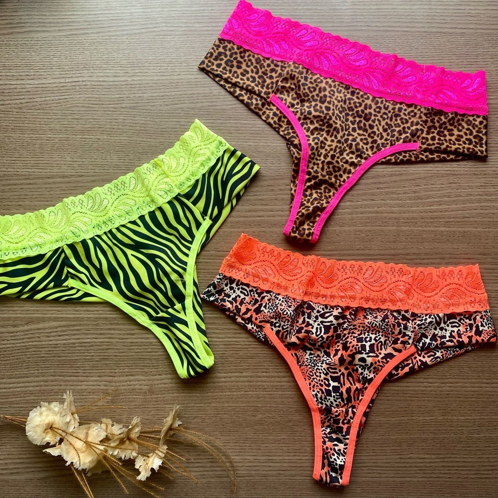 Kit 6 Calcinhas Animal Print Lingerie Estampada Cintura de Renda Cores Neon