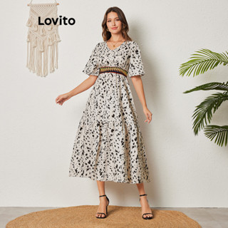 Lovito Elegante Vestido Feminino de Bolinhas com Costura no Tecido LBL08433