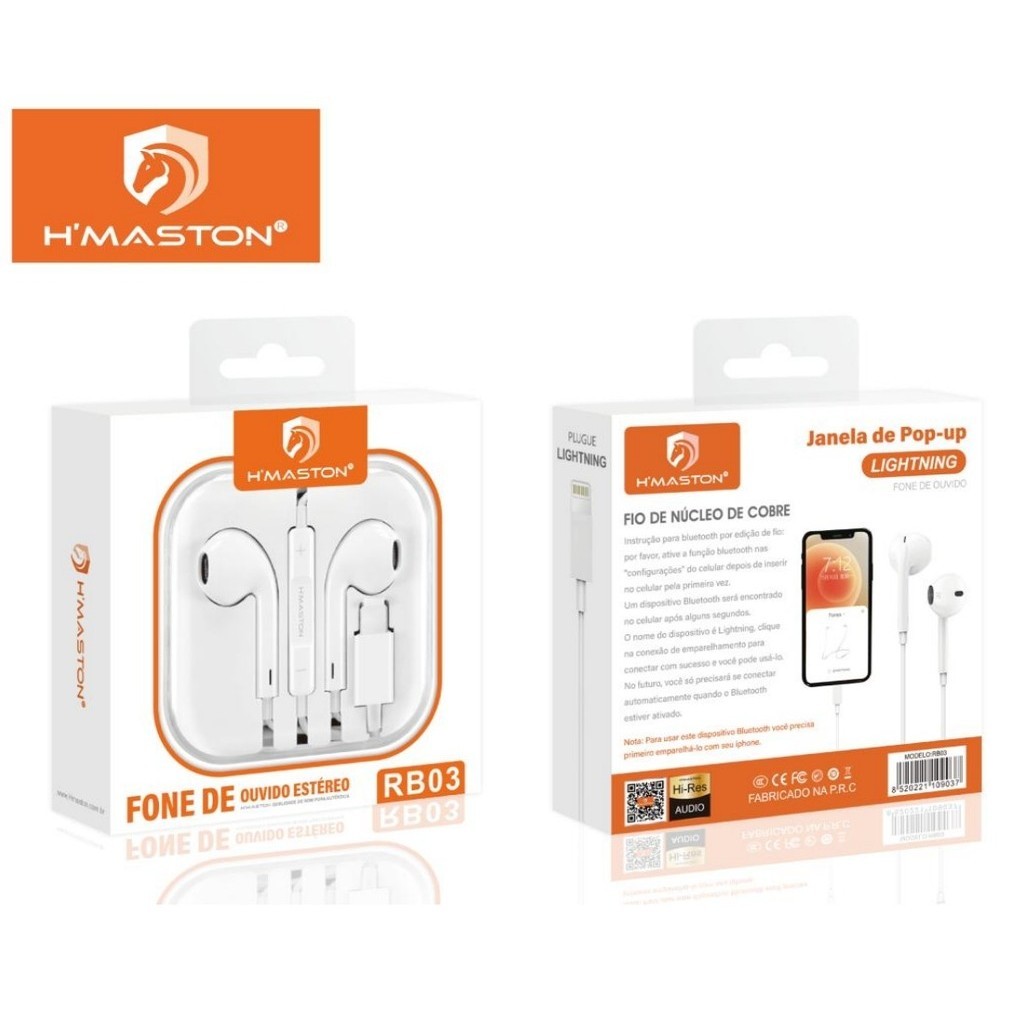 Fone de Ouvido Com Fio Para Iphone RB03/RB09 H'Maston (Bluetooh ON)