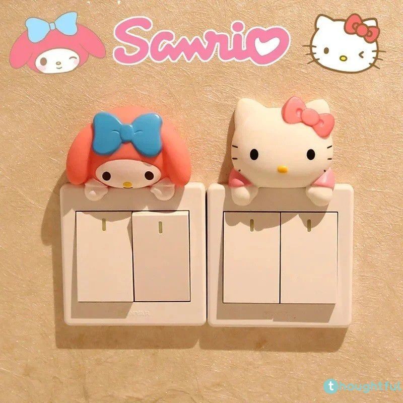 Pensativo Kawaii Sanrio Decoração Do Quarto Acessórios Interruptor Adesivo Olá Kittys Mymelody Bonito Beleza Adesivo De Parede Soquete 3d Adesivo Meninas Presente