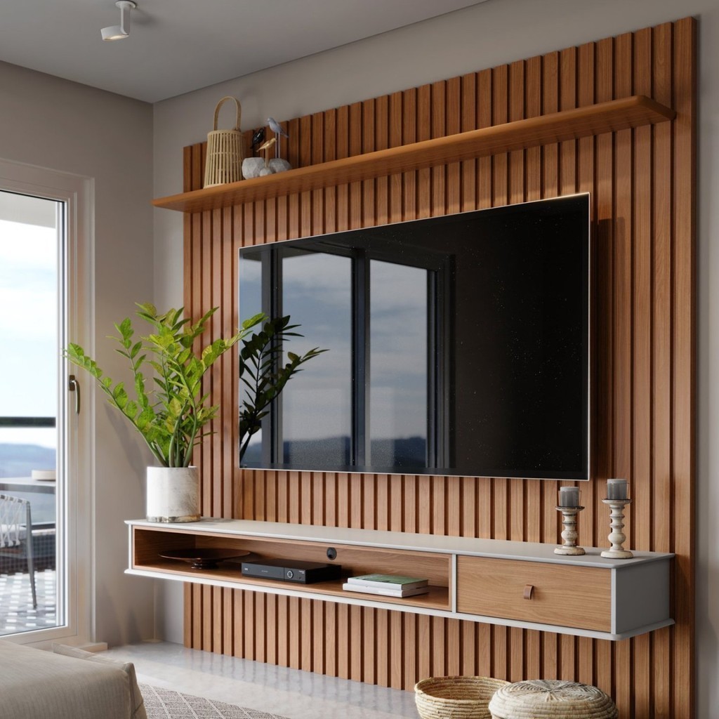 Painel para TV até 65 Polegadas Ripado com Prateleira Nicho e Gaveta Detroit Nature/Off White em Oferta na Shopee