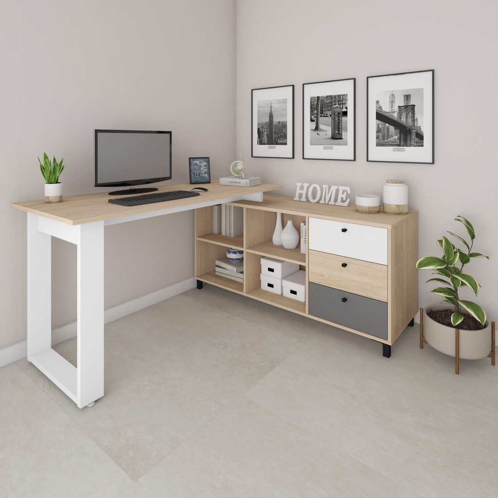 Escrivaninha Industrial para Escritório e Home Office em L 3 Gavetas 4 Nichos Home Office  Carvalho/Grafito/Branco - Home & Living