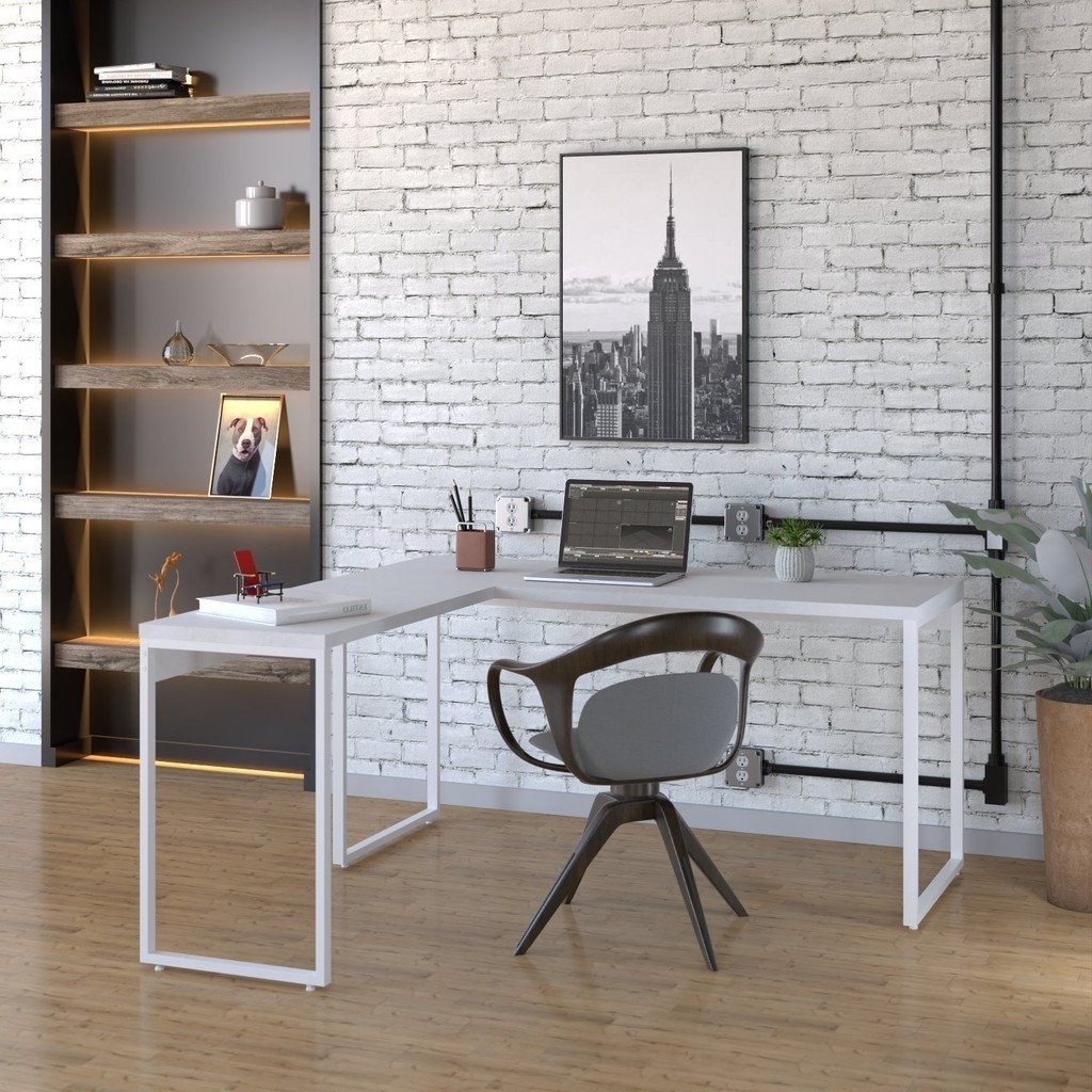 Escrivaninha Mesa Escritório Em L Estilo Kuadra 150cm Industrial Branco E Branco Chess Branco/Branco Chess
