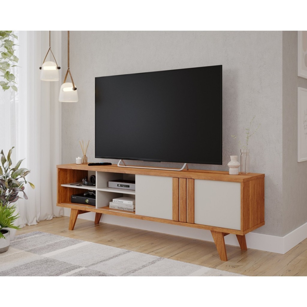 Rack para Tv até 60 Polegadas Pés Madeira Maciça Linhares Espresso Móveis 100% MDF Cinamomo/Off White em Oferta na Shopee
