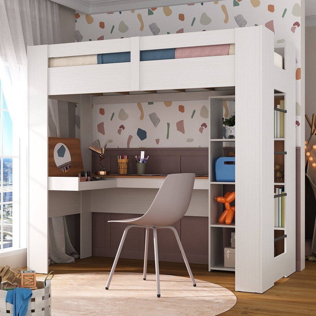 Cama Alta Infantil/juvenil Multifuncional com Escrivaninha Penteadeira Agatha Branco/Nogal em Oferta na Shopee