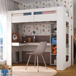 Cama Alta Infantil/Juvenil Multifuncional com Escrivaninha Penteadeira Agatha Yescasa Branco/Nogal Branco/Nogal