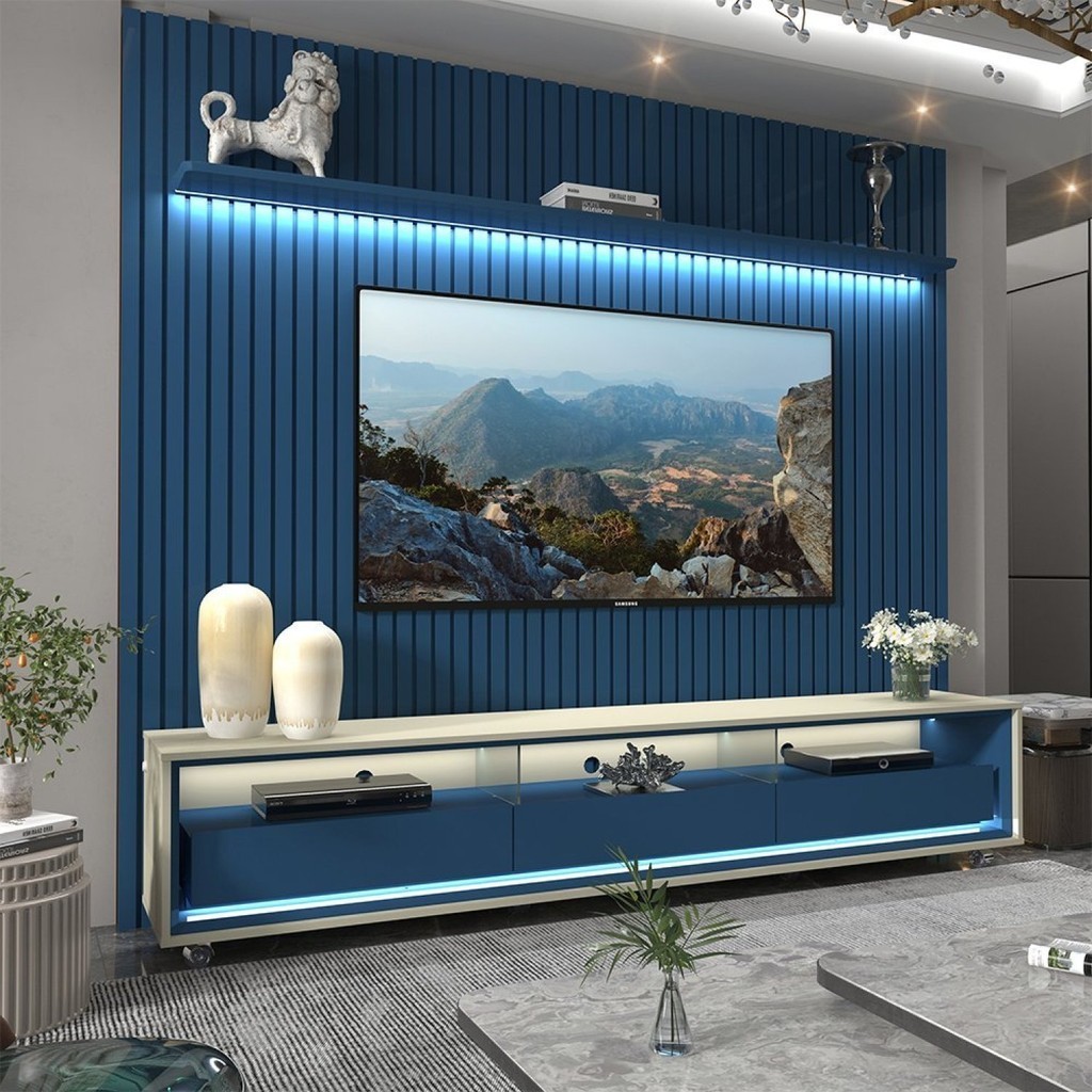 Rack com Painel Ripado para Tv até 90 Polegadas Led 3 Gavetas com Rodízios 230cm Naturale 100% MDF Azul Royal/Off - Home & Living