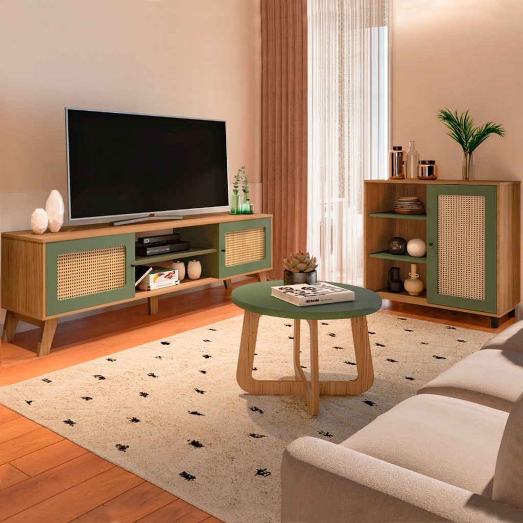 Sala de Estar Completa para TV Até 75 Polegadas Charlotte 3 Portas 3 Prateleiras Carvalho/...