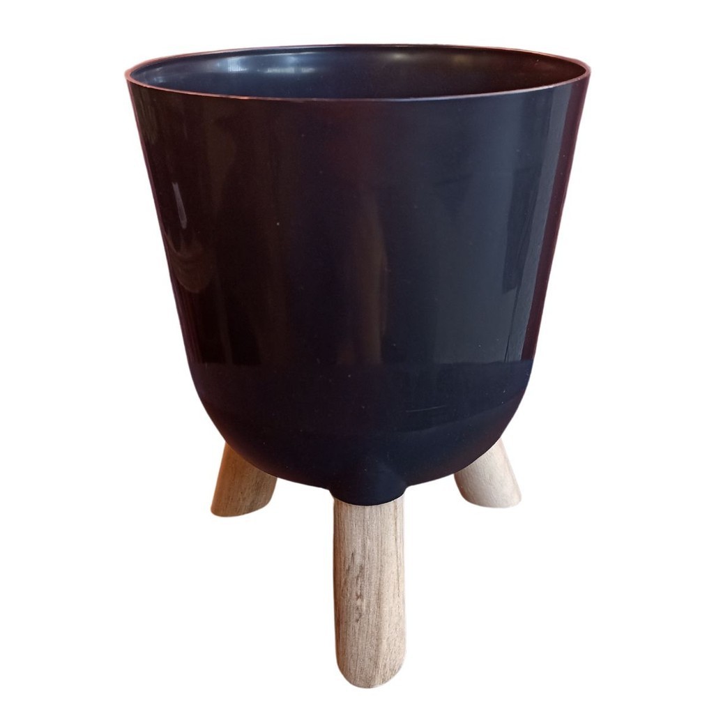 Vaso Cachepo Preto Para Centro de Mesa 15 Com Pé de Madeira Vasos Cachepot de Plástico Preto Para Planta Jardim Sala