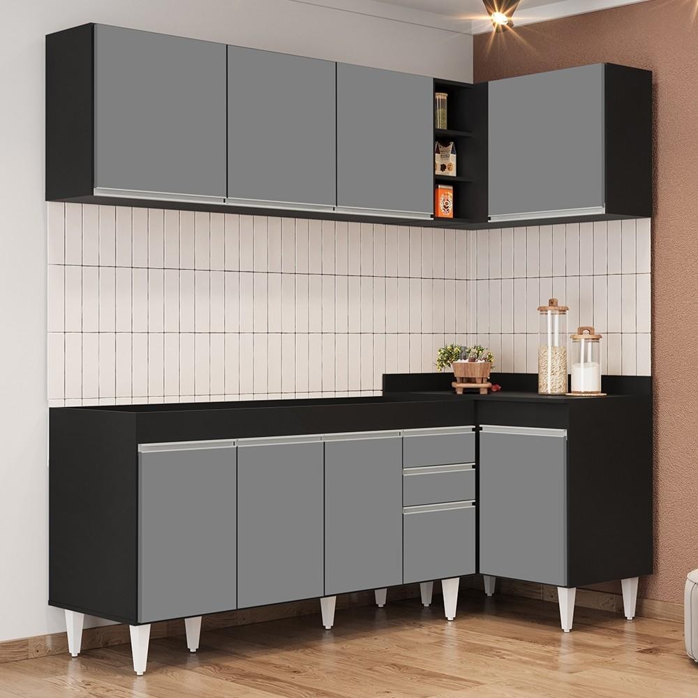 Armário de Cozinha Modulado de Canto Esquerdo 4 Peças CP49 Balcão sem Tampo Preto/Cinza - Lumil em Oferta na Shopee
