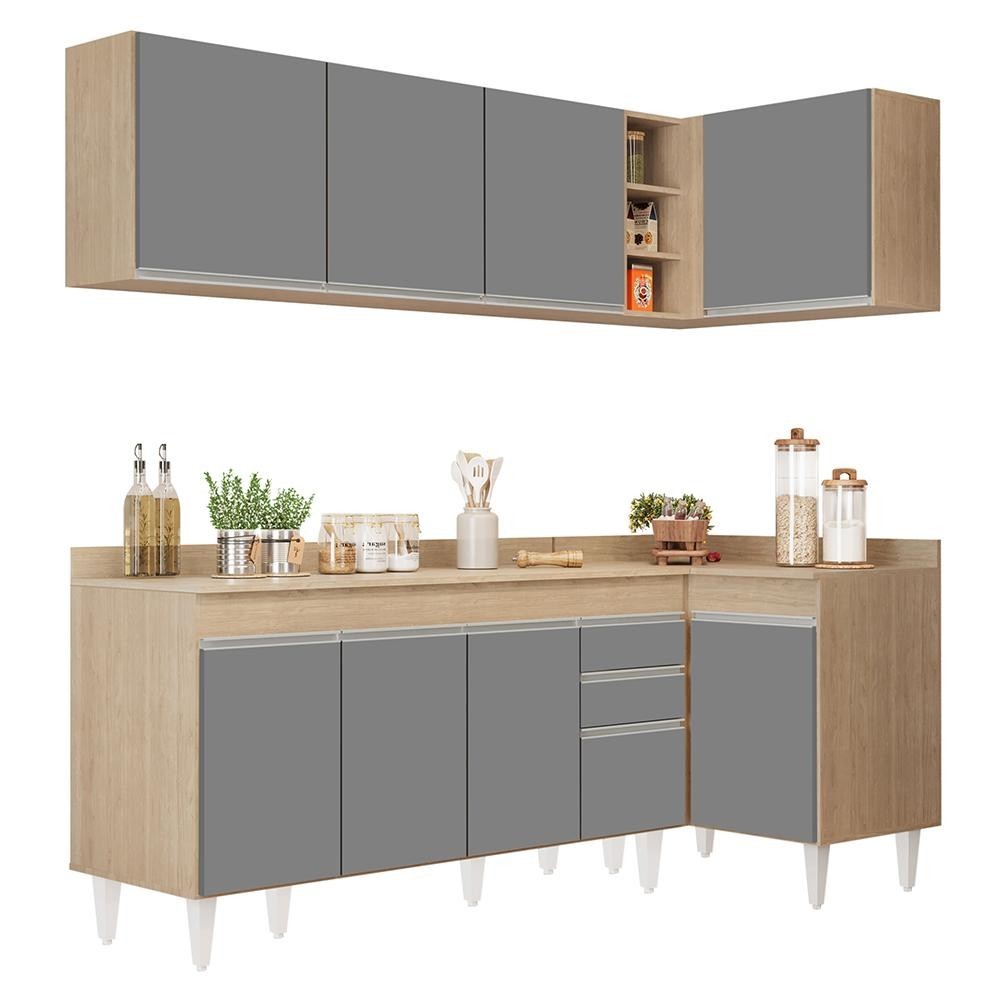 Armário de Cozinha Modulado de Canto Esquerdo 4 Peças CP50 Balcão com Tampo Castanho/Cinza - Lumil em Oferta na Shopee
