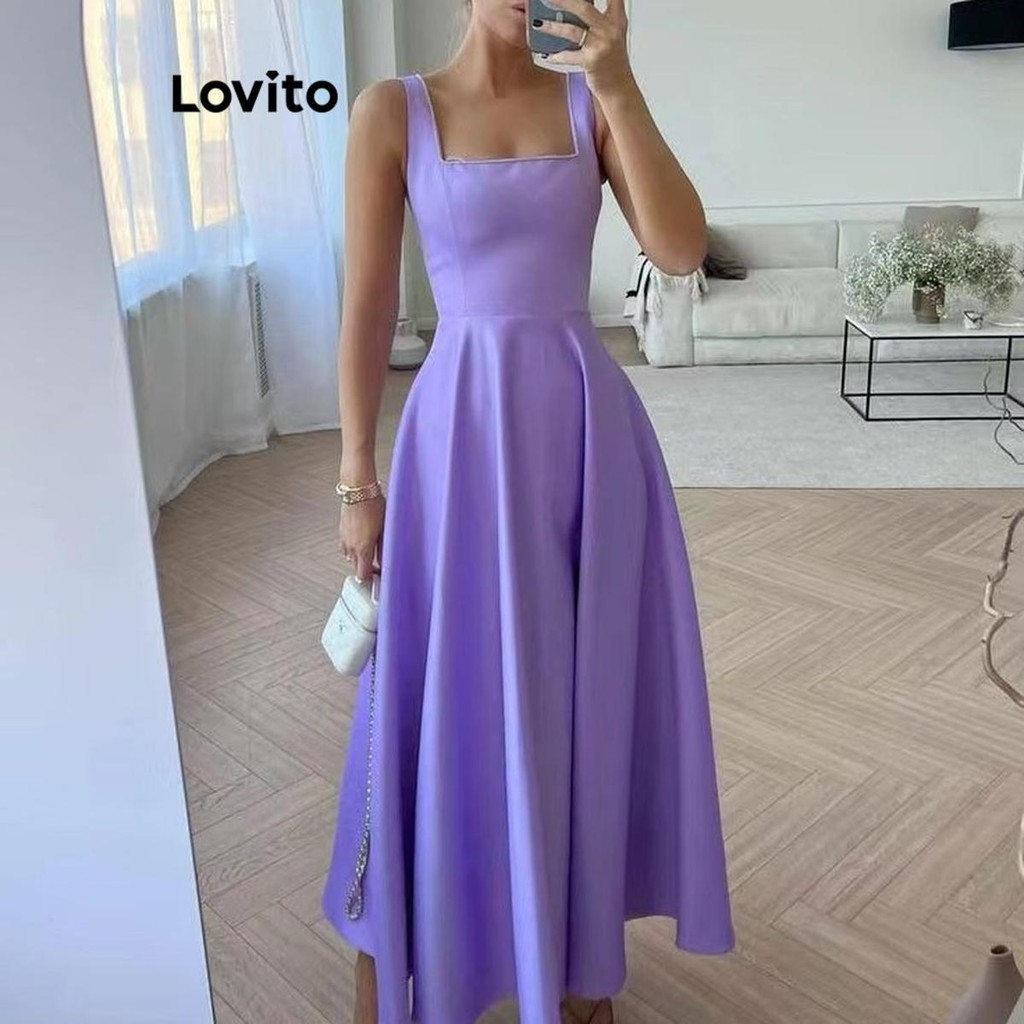 Lovito Vestido Elegante Liso Com Decote Quadrado Para Mulheres LNL47092