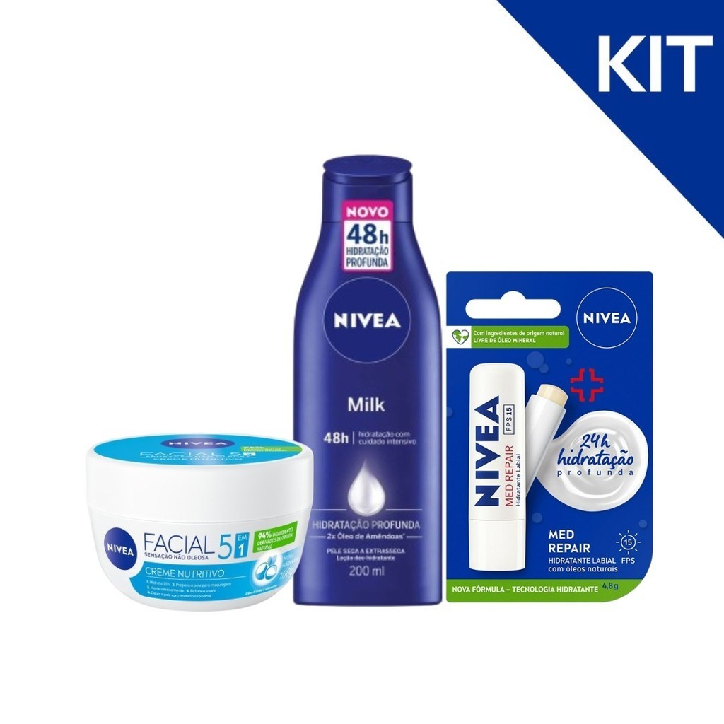 KIT NIVEA Loção Milk 200ml + Creme Facial Nutritivo 100g + Protetor Labial Med Repair FPS15 4,8g