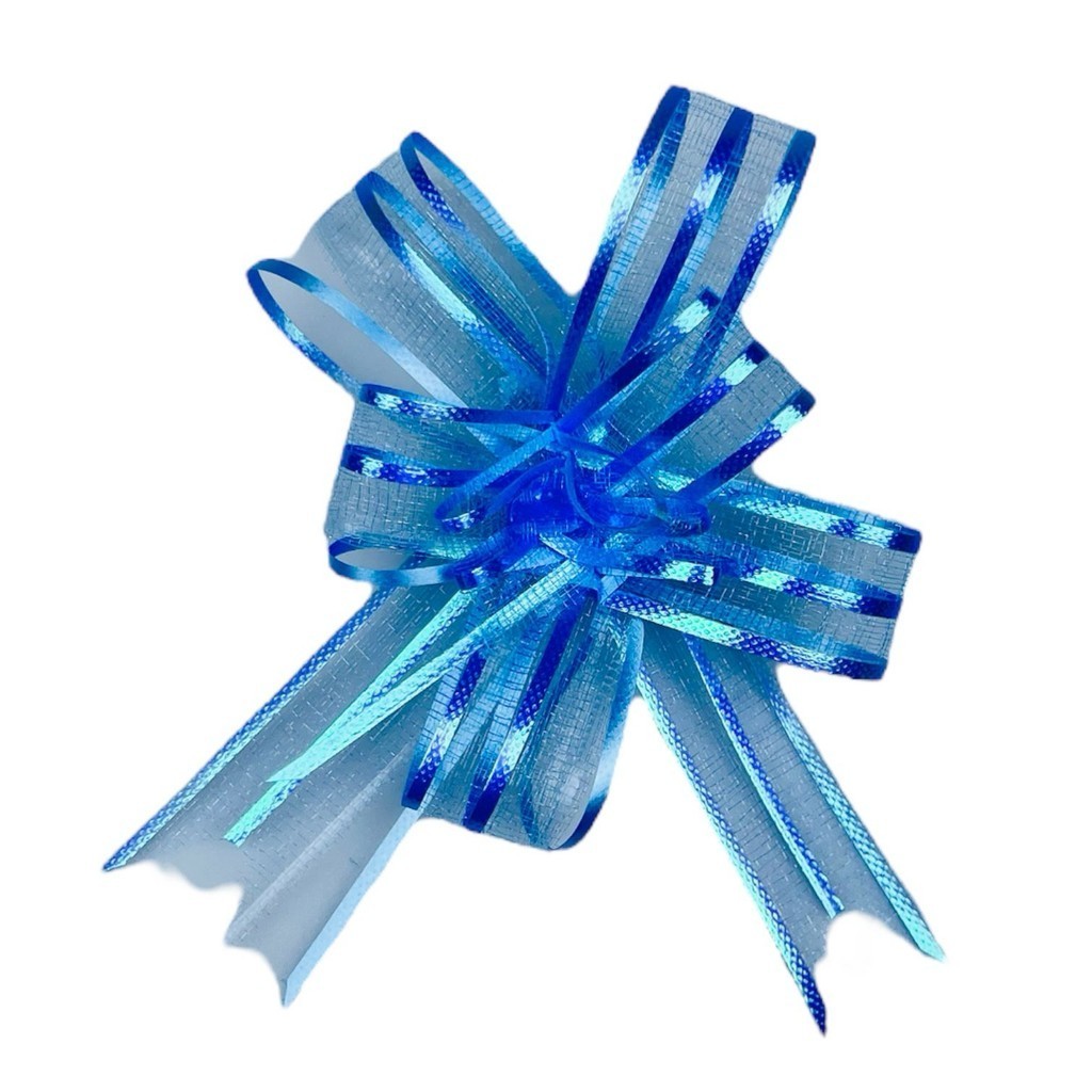 100 LAÇOS FACIL P/ PRESENTE ORGANZA HOLOGRÁFICO AZUL CLARO 1,8 CM x 39 CM  (Ex)