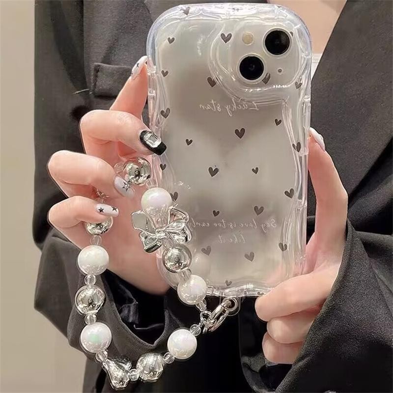 Caixa De Telefone Para Samsung Galaxy S24 S23 S22 S21 S20 Plus Ultra FE A13 A15 A25 A35 A55 A05S A54 M54 Desenho Animado Textura Ondulada De Silicone Transparente Coração De Amor Podiano Preto Com Pulso De Pérola