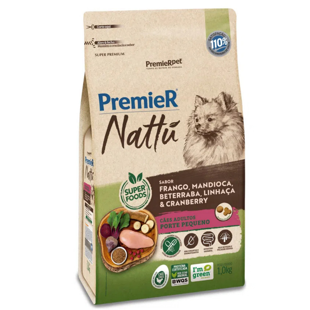 Ração Premier Nattu Cães Adultos Raças Pequenas Mandioca 1kg