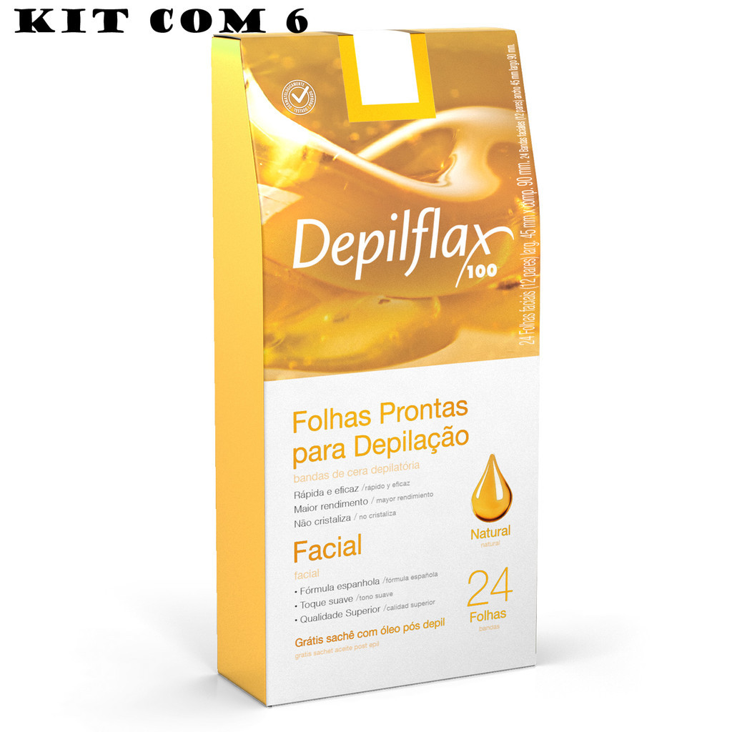 Kit 6 Caixas com 24u Folhas Prontas para Depilação Facial Natural Mel Depilflax