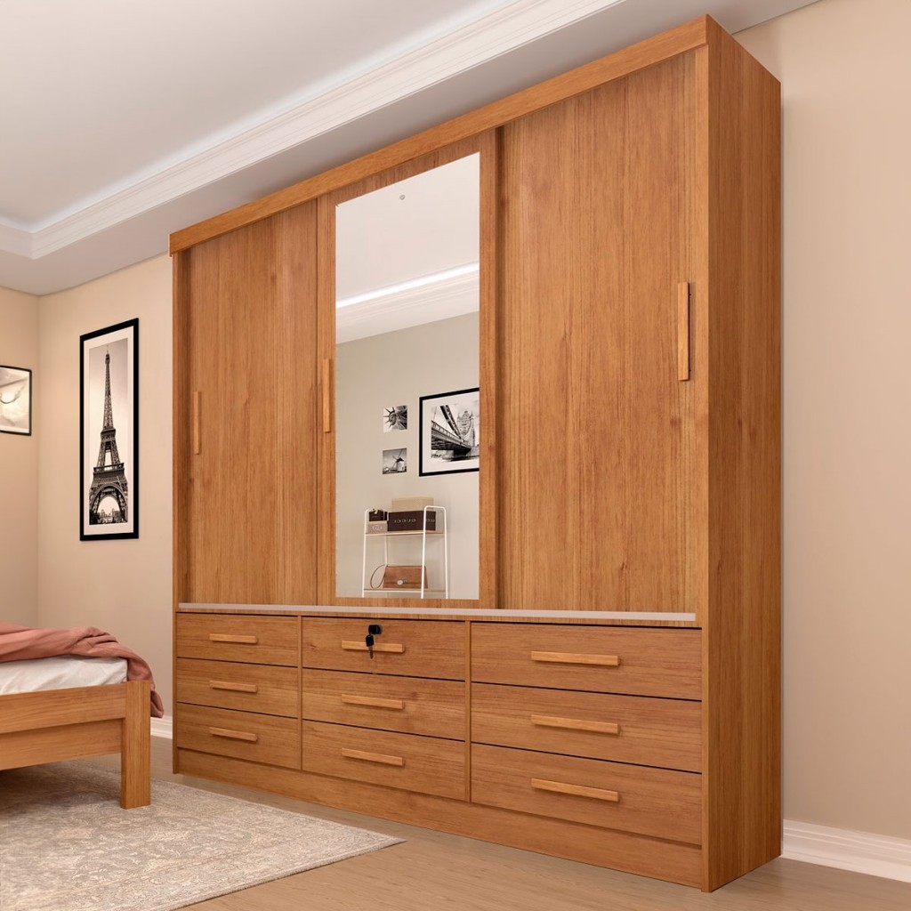 Guarda-Roupa Casal Chicago 3 Portas 9 Gavetas com Espelho Cinamomo - Tcil Móveis em Oferta na Shopee
