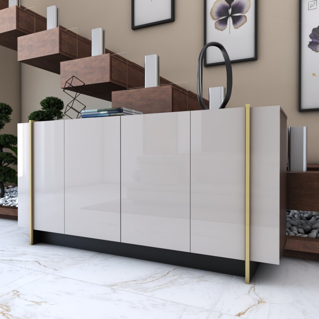 Balcão Buffet Balneário Camboriú 4 Portas 2 Prateleiras Off White/Dourado - Panorama Móveis em Oferta na Shopee