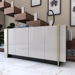 Balcão Buffet Balneário Camboriú 4 Portas 2 Prateleiras Off White/Dourado - Panorama Móveis