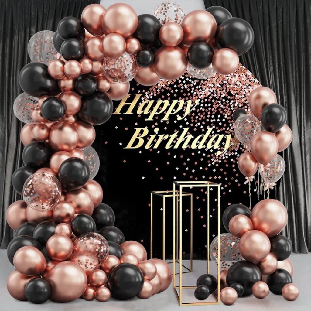 Kit 120 Balões Rose Metalizado Preto Transparente C/ Confeite Rose Gold Arco Desconstruido+Fita 5Mts em Oferta na Shopee
