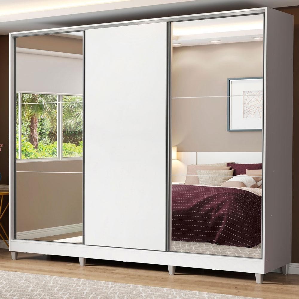 Guarda Roupa Casal 100% MDF Madesa Royale 3 Portas de Correr com Espelho com Pés - Branco - Home & Living