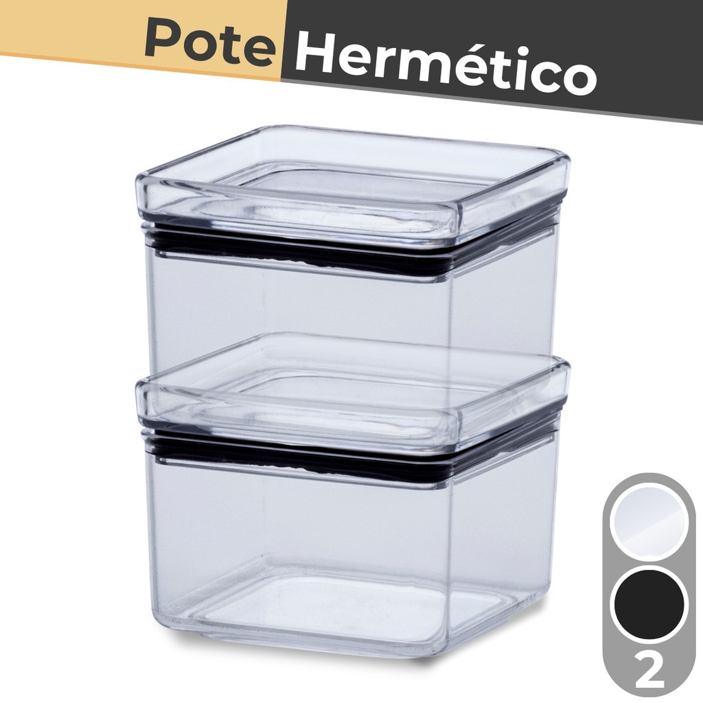Kit 2 Potes Herméticos Quadrados 480ml Cristal ou Black - Paramount