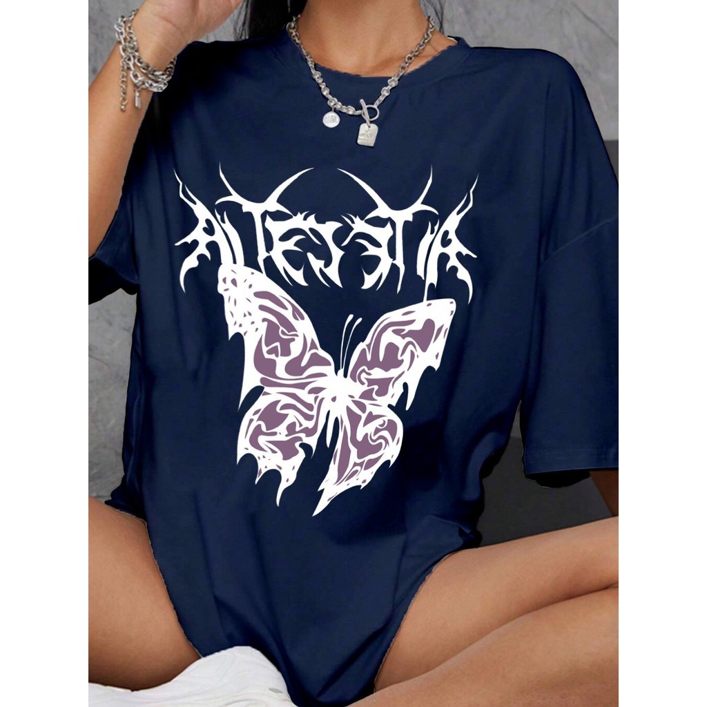 Camiseta Oversized  Tercido Leve Confortável Macio Estampada Borboleta Dark a Blusa Estilo Skatista 