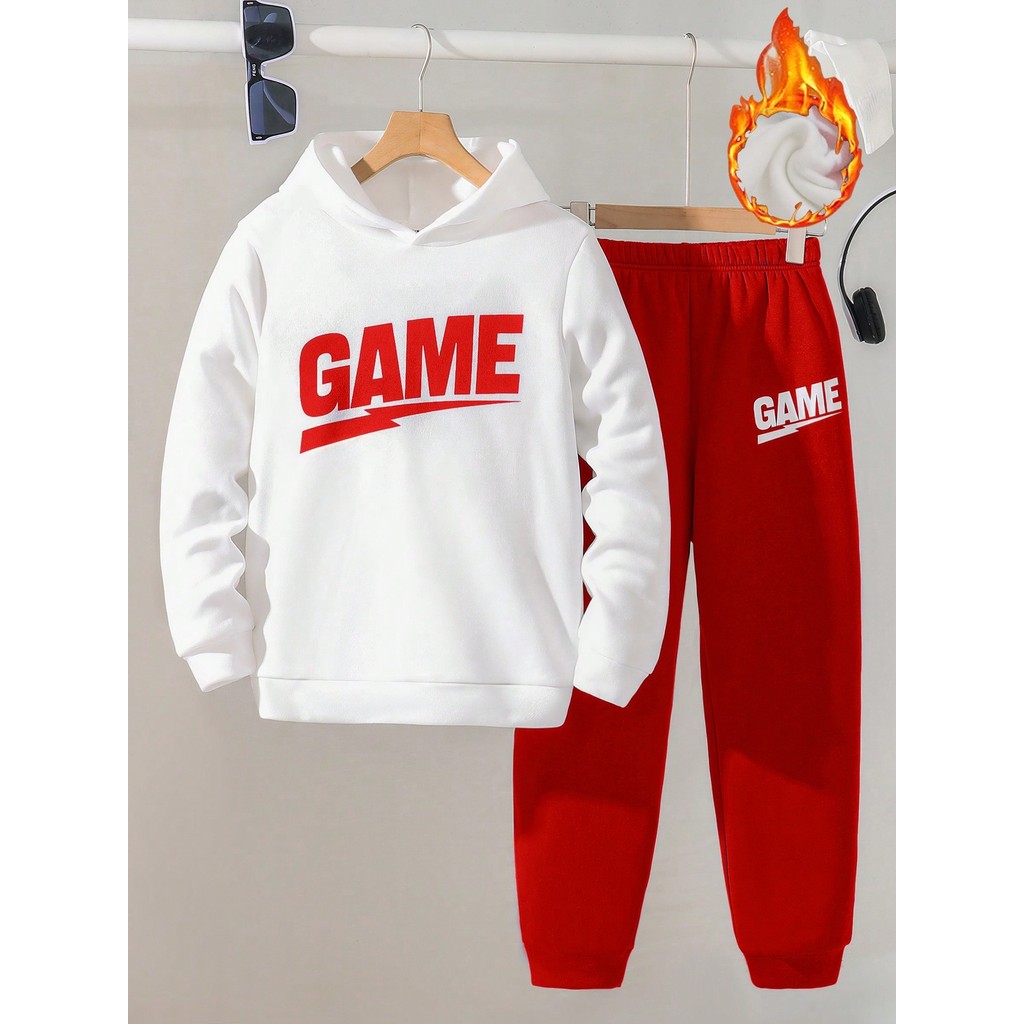 Conjunto de Moletom com Capuz e Calça de Moletom Esportiva Casual com Estampa de  escrita GAME Outono/Inverno lançamento