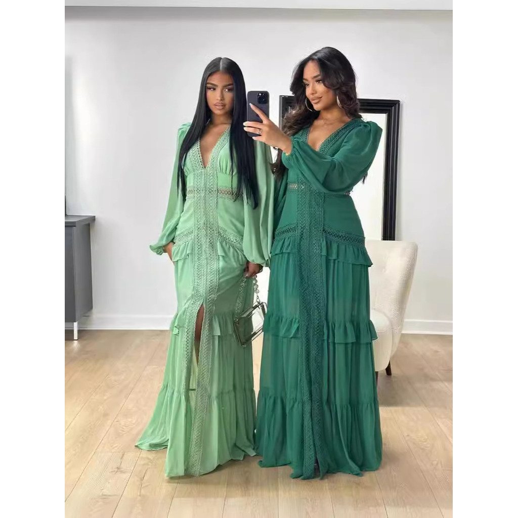 Vestido Longo Feminino Transfronteiriço Europeu e Americano 2025 Outono Inverno Elegante em Patchwork com Mangas Longas em Oferta na Shopee