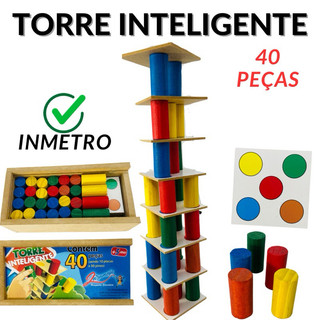 Jogo Torre Inteligente em Madeira Brinquedo Educativo Pedagógico Lúdico em Madeira 40 Peças