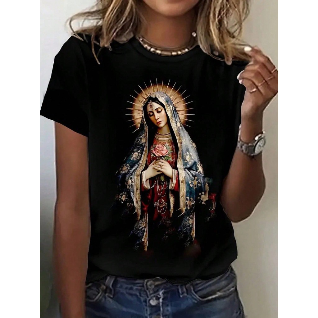 Camiseta IMAGEM DE MARIA C/ ROSA NA MÃO Feminina Unissex Camisa Feminina Masculina Cristão Catolico em Oferta na Shopee