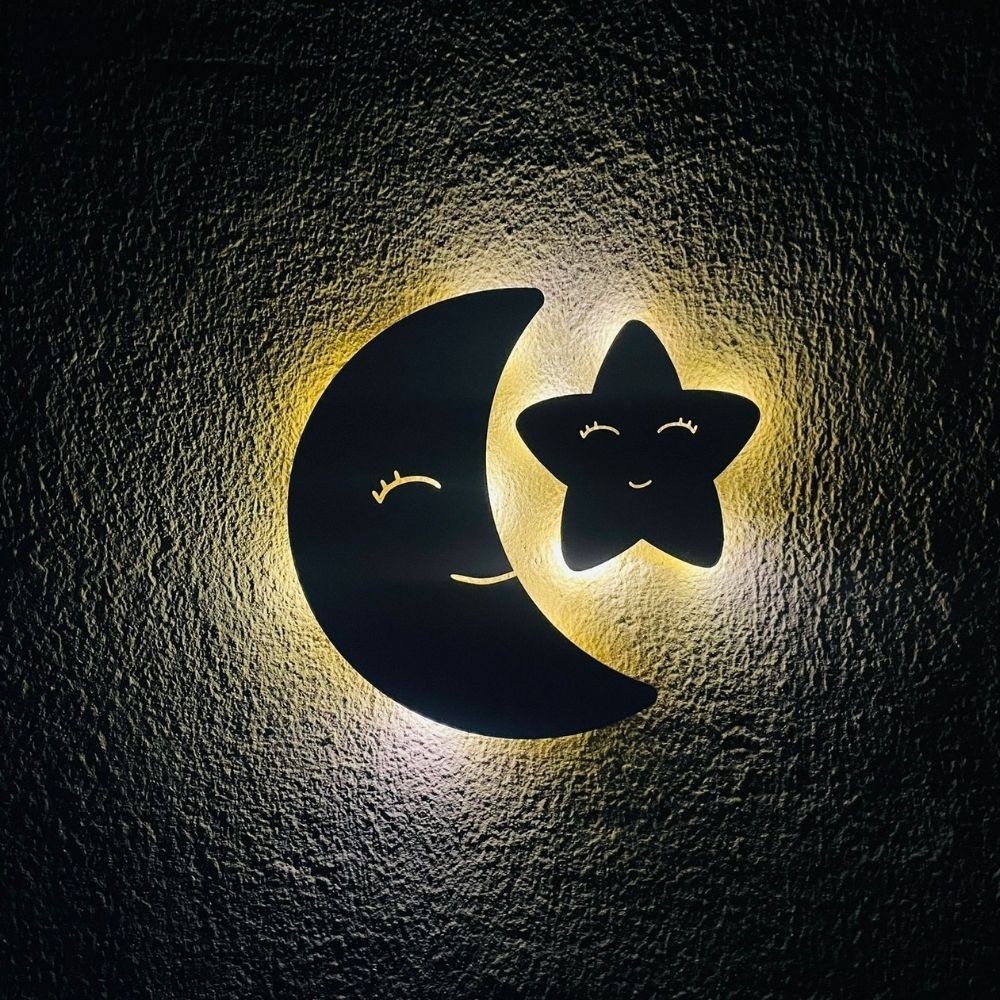 Luminária de Cabeceira infantil Lua e Estrela Rosto Feliz Abajur