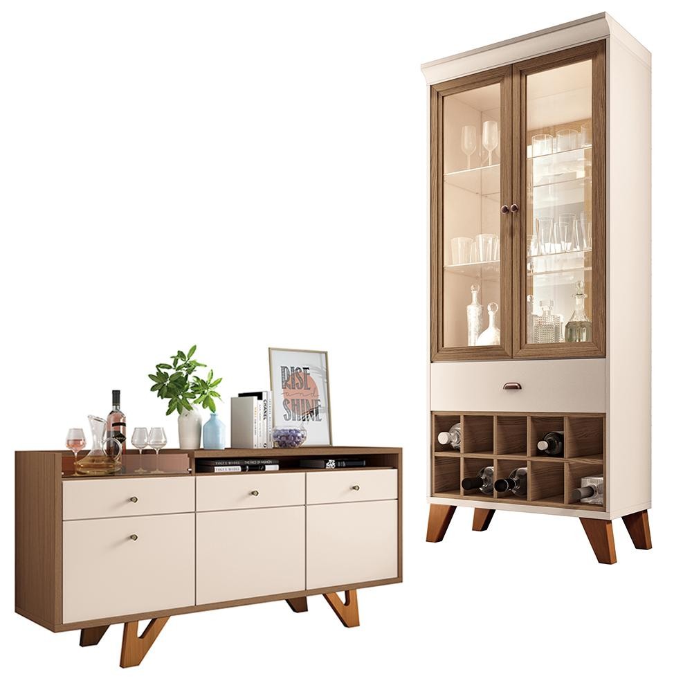 Conjunto Cristaleira Adega Buffet Aparador MDP/MDF Ópera/Sollare Off White/Castanho G26 - HB Móveis