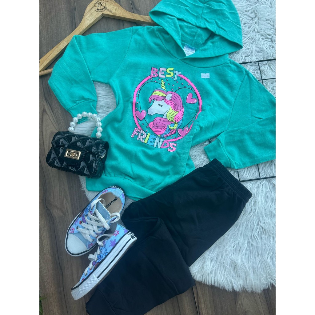 Conjunto moletom infantil menina  e capuz verde