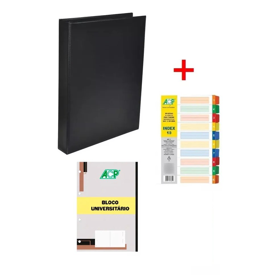 Fichário 4 Argolas Preto 250x335x40mm c Divisória Plástica C/10 c Bloco 96 Folhas em Oferta na Shopee