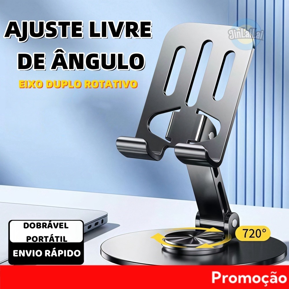 suporte de celular dobrável para mesa, giratório 360° e ajustável em altura, suporte portátil para celular