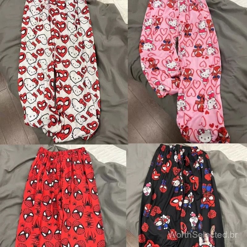 Venda A Quente Super Homem-Aranha&Hello Kitty Cotton Loose Women's Pajama Calças De Pijama Masculino Casuais Meninas