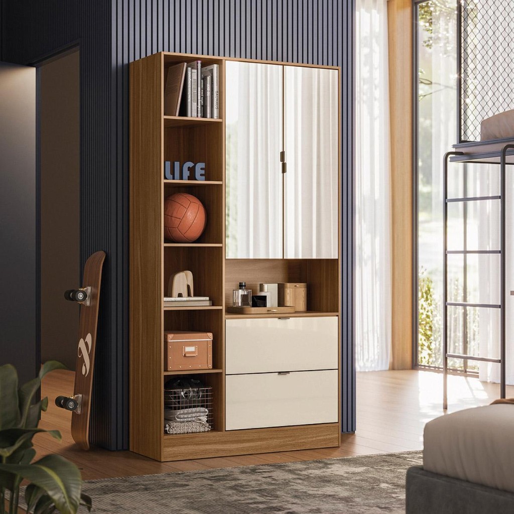 Armario Multiuso Joy com 2 Portas 2 Gavetas e Espelho em Oferta na Shopee