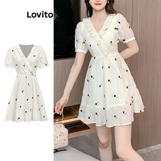 Lovito Vestido feminino fofo com babados florais e estampa floral LBA79162