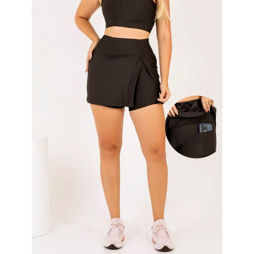 Short Saia Fitness Com Bolso Abertura Fenda Feminino Caminhada Treino Beach Tennis Academia Suplex The Start