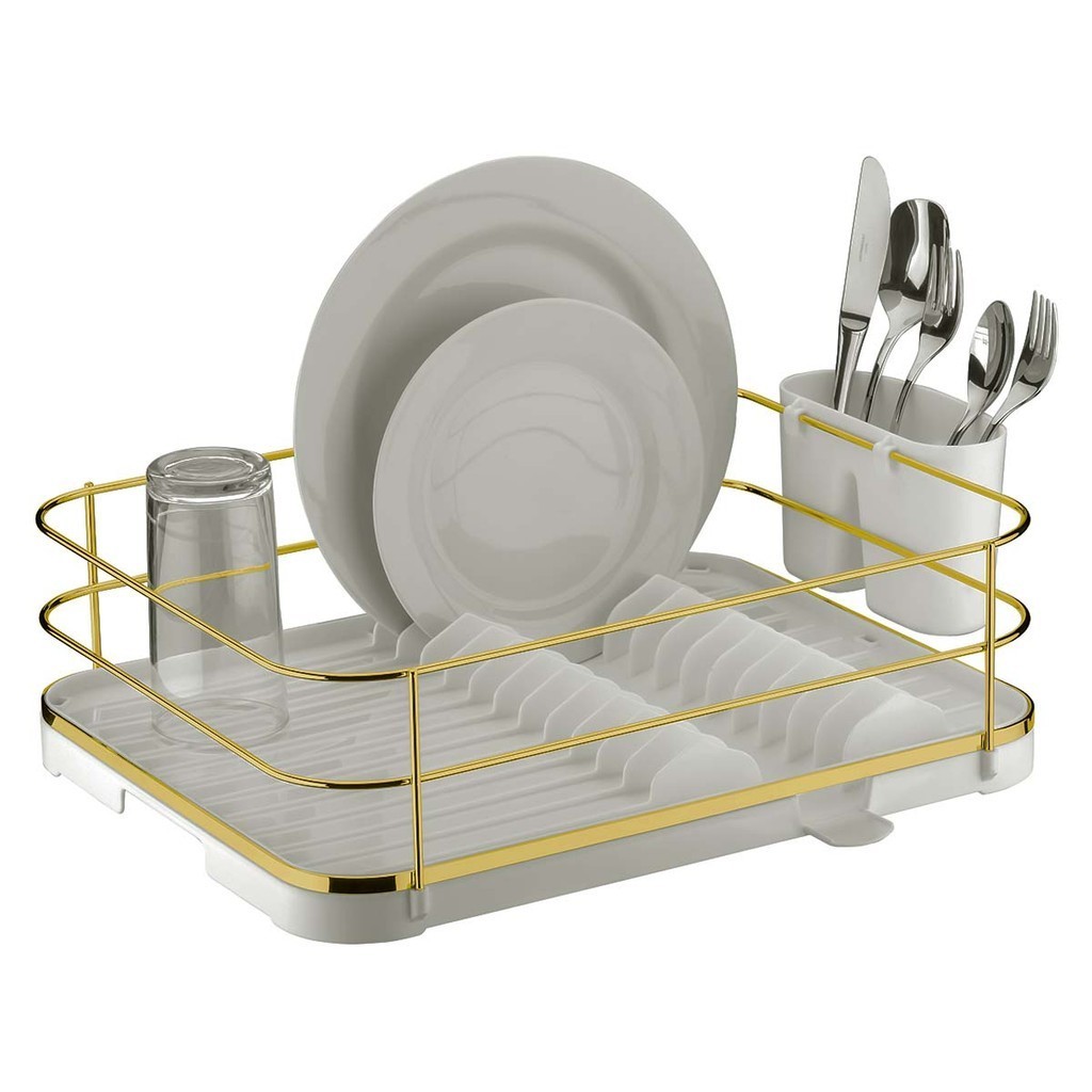 Escorredor de Prato Bandeja Coletora Branco Dourado em Oferta na Shopee