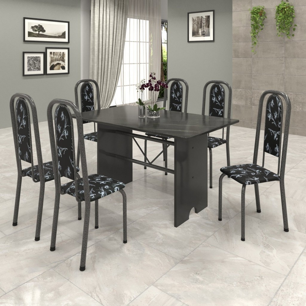 Conjunto de Mesa 140x75cm Tampo Ardósia com 6 Cadeiras Lavínea  Martelado Prata/Preto Floral em Oferta na Shopee