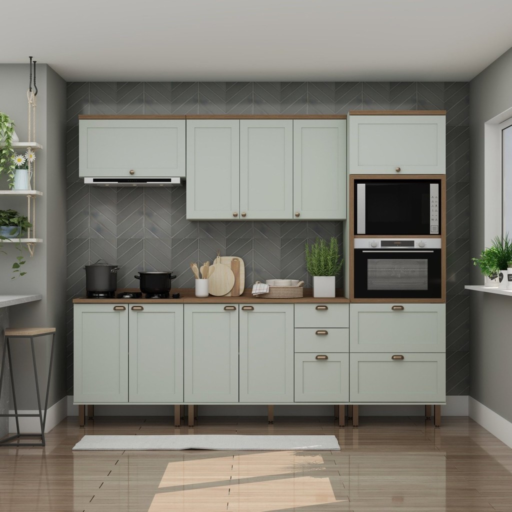 Cozinha Completa Americana 5 Peças com Portas 4 Gavetas Verde Mint/Ébano Fosco - Home & Living